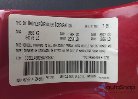 2005 Dodge Stratus Sxt из США, поврежденный, VIN 1B3EL46R25N703587